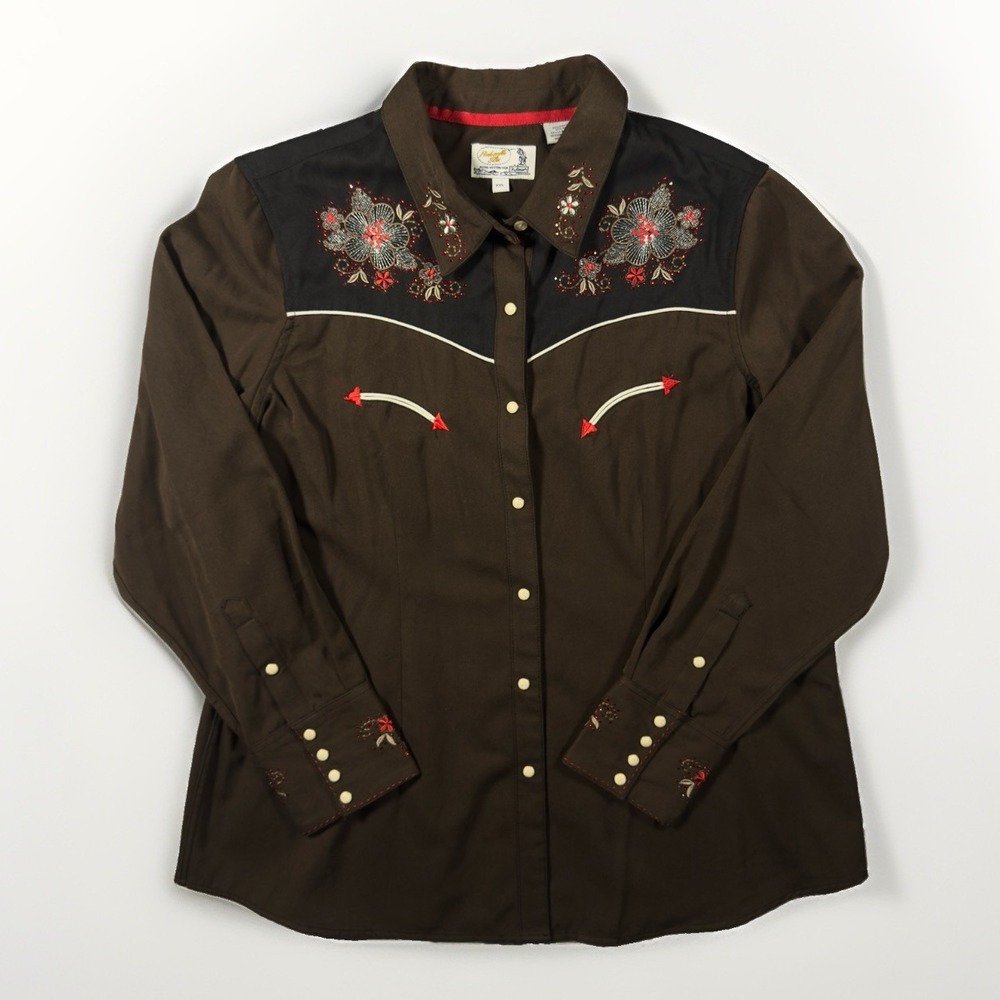 Panhandle Slim XXL Brown Western Snap Shirt Floral Embroidered Rhinestone